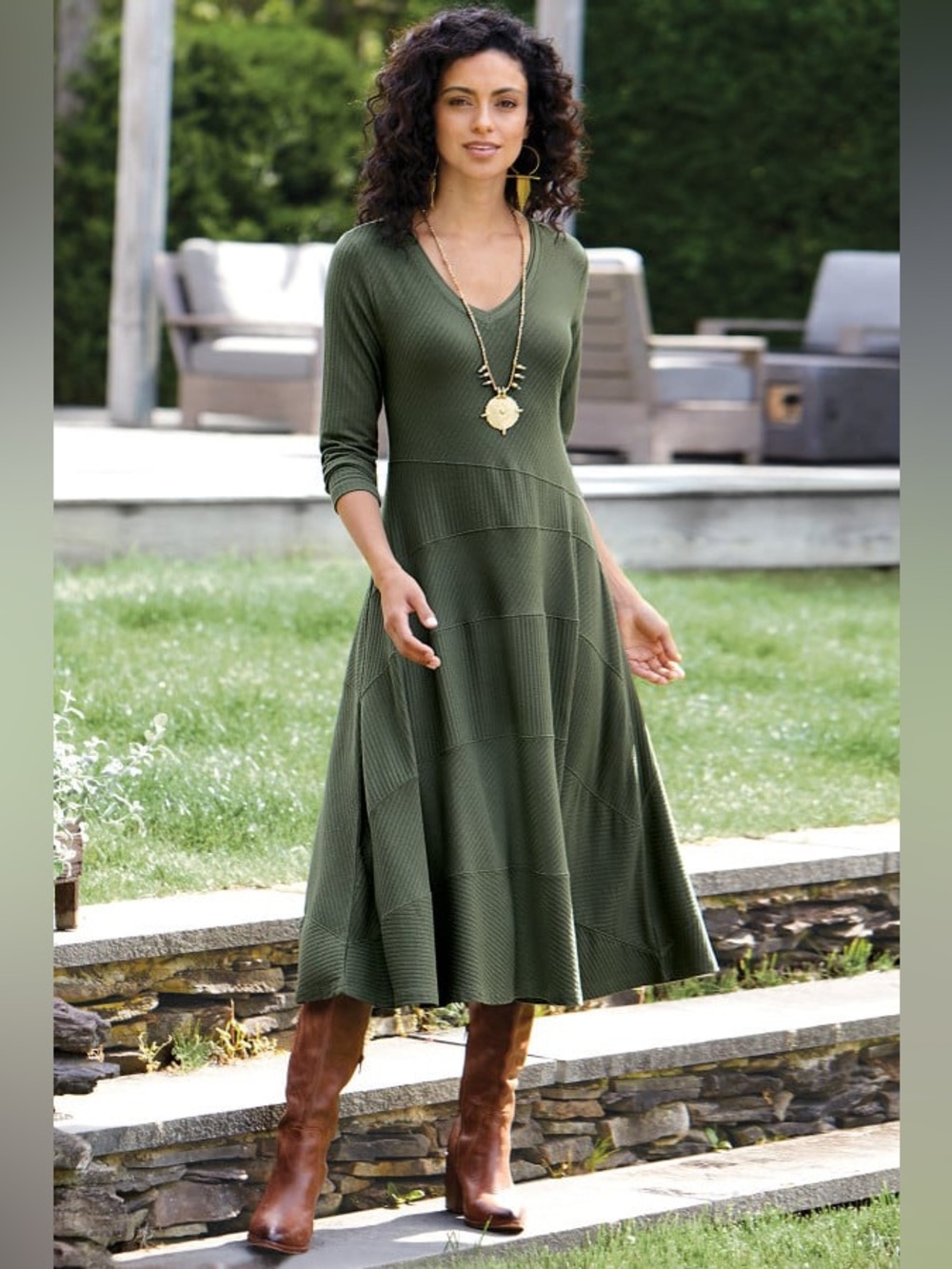 Soft Surroundings Olive Green Take Shape Ribbed Knit ¾ Sleeve Midi Dress